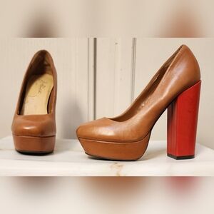 Zodiac Brown Leather Platform Pumps with Red Block Heels